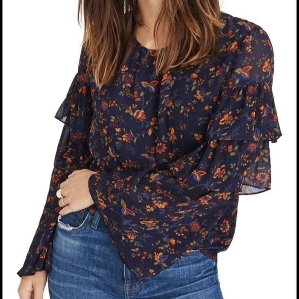 Madewell Tiered Ruffle Sleeve Floral Chiffon Blouse Navy Blue XXS G8470 Boho